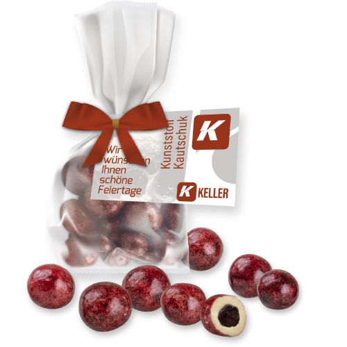 Johannisbeeren in weisser Schokolade, ca. 30g, Express Flachbeutel Maxi mit Schleife mit Werbekarte