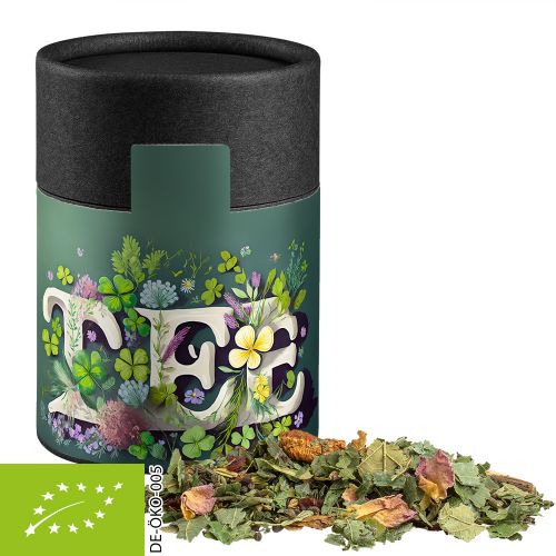 Bio Kräutertee Glücksgefühle, ca. 40g, Kraftpapierdose Midi schwarz