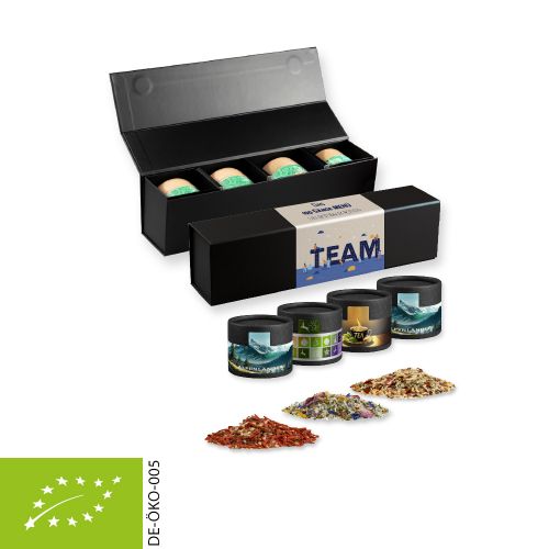verschiedene Gewürzmischungen Bio und nicht Bio (Kategorie 1), ca. 120-300g, Geschenk-Set Premium schwarz mit Magnetverschluss und 4 Kraftpapierdosen Mini