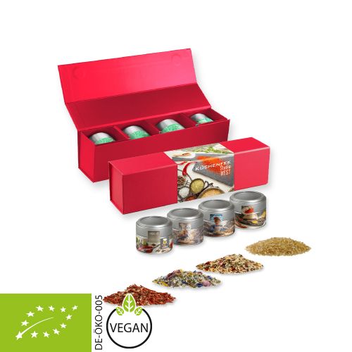 verschiedene Gewürzmischungen Bio und nicht Bio (Kategorie 2), ca. 64-260g, Geschenk-Set Premium rot mit Magnetverschluss und 4 Metalldosen Mini mit Sichtfenste