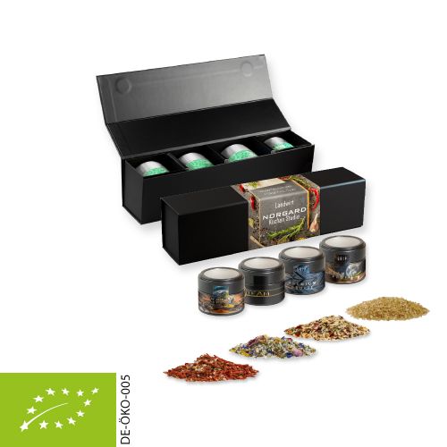 verschiedene Gewürzmischungen Bio und nicht Bio (Kategorie 3), ca. 140-440g, Geschenk-Set Premium schwarz mit Magnetverschluss und 4 Metalldosen Mini mit Sichtfenster