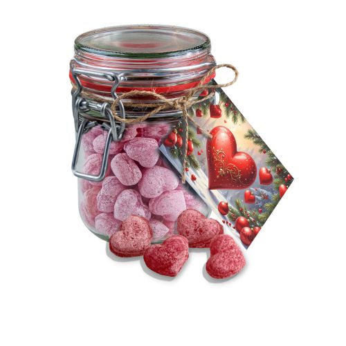 Glühwein Herzen, ca. 250g, Bonbonglas Maxi mit Werbekarte